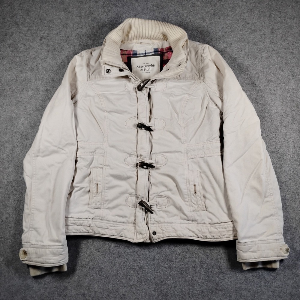Y2K‎ Abercrombie & Fitch Women Toggle Puffer Jacket Cream Plaid Lined Large